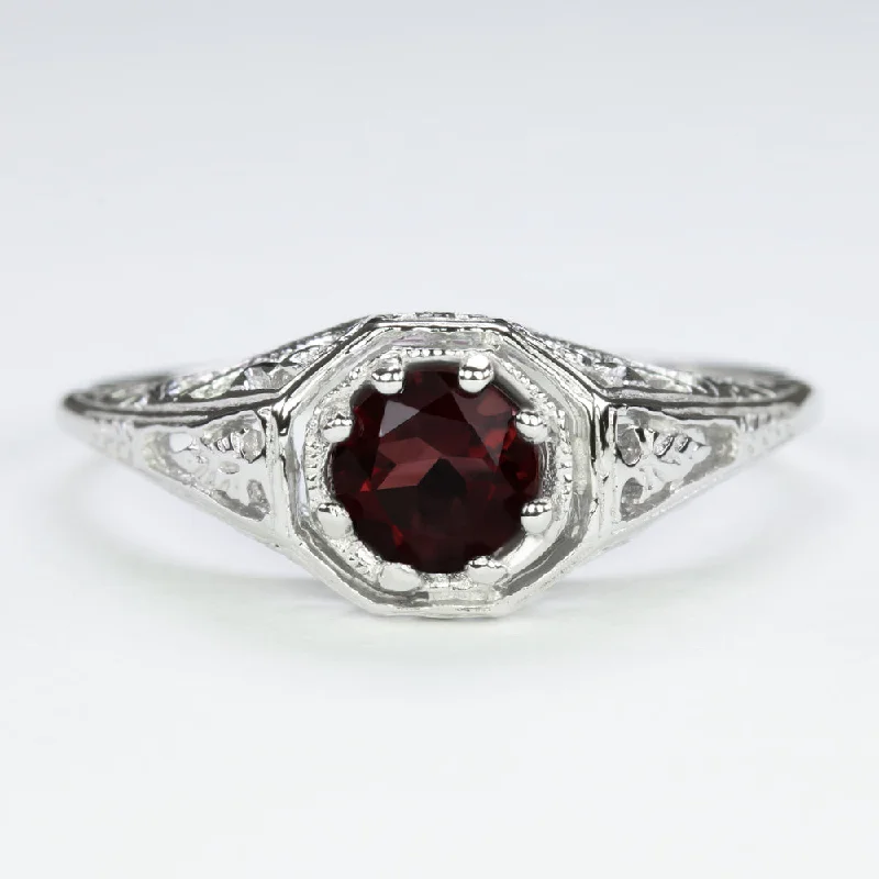 GARNET STERLING SILVER RING VINTAGE STYLE ROUND RED GEMSTONE FILIGREE SOLITAIRE