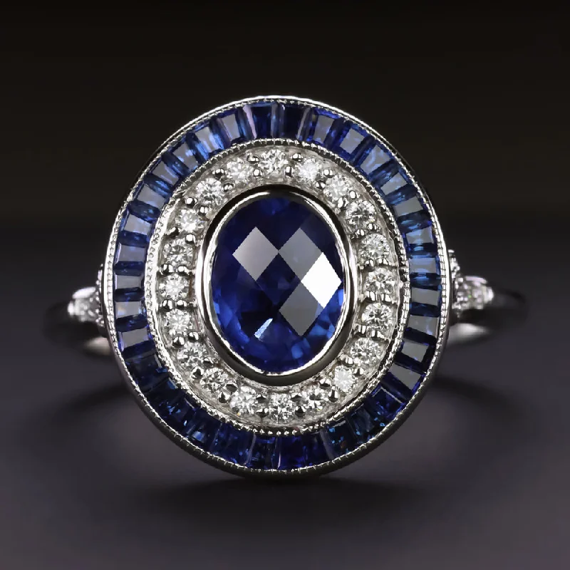 SAPPHIRE DIAMOND COCKTAIL RING DOUBLE HALO VINTAGE STYLE OVAL SHAPE WHITE GOLD