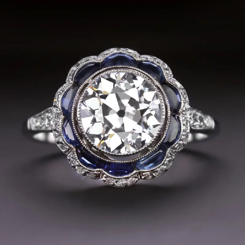 2 CARAT OLD EUROPEAN CUT DIAMOND SAPPHIRE RING PLATINUM VINTAGE STYLE SCALLOPED