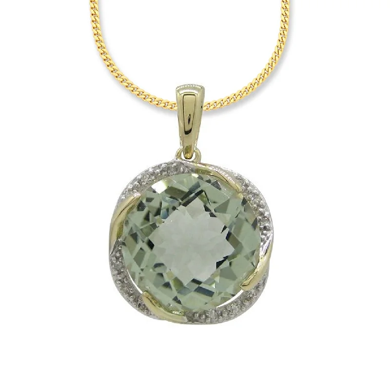 9ct Yellow Gold Green Amethyst Necklace with Diamonds