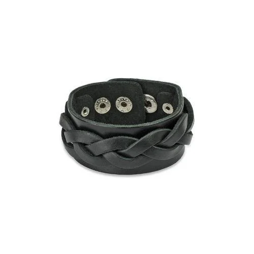 Jewelry Trends Black Genuine Leather Bracelet with Braided Center Strap and Adjustable Snaps