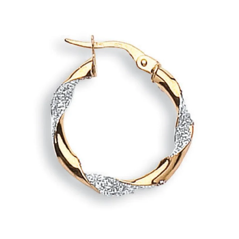 Glitter Finish Twisted Small Hoop Earrings - 9ct Yellow & White Gold