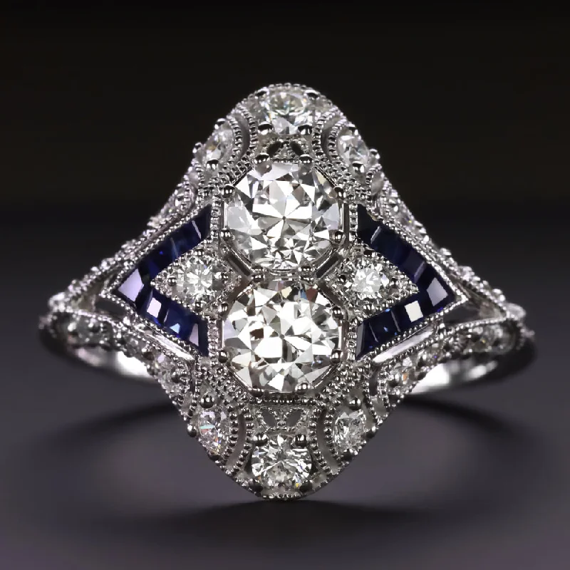 VINTAGE STYLE DIAMOND SAPPHIRE COCKTAIL RING ART DECO TOI ET MOI OLD EUROPEAN