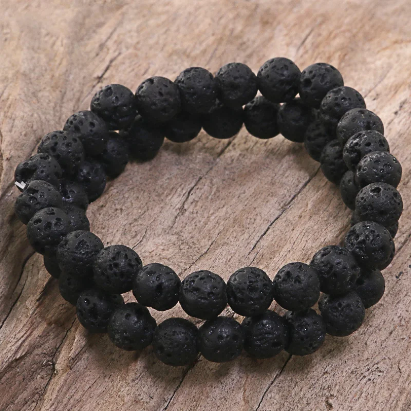 Kintamani Lava Lava Stone Stretch Bracelets (Pair) from Indonesia