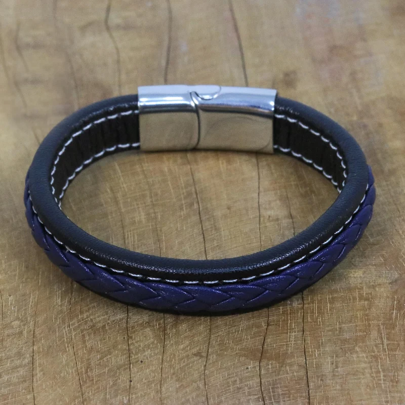 Worldly Spirit in Blue Blue Braided Leather Wristband Bracelet from Thailand