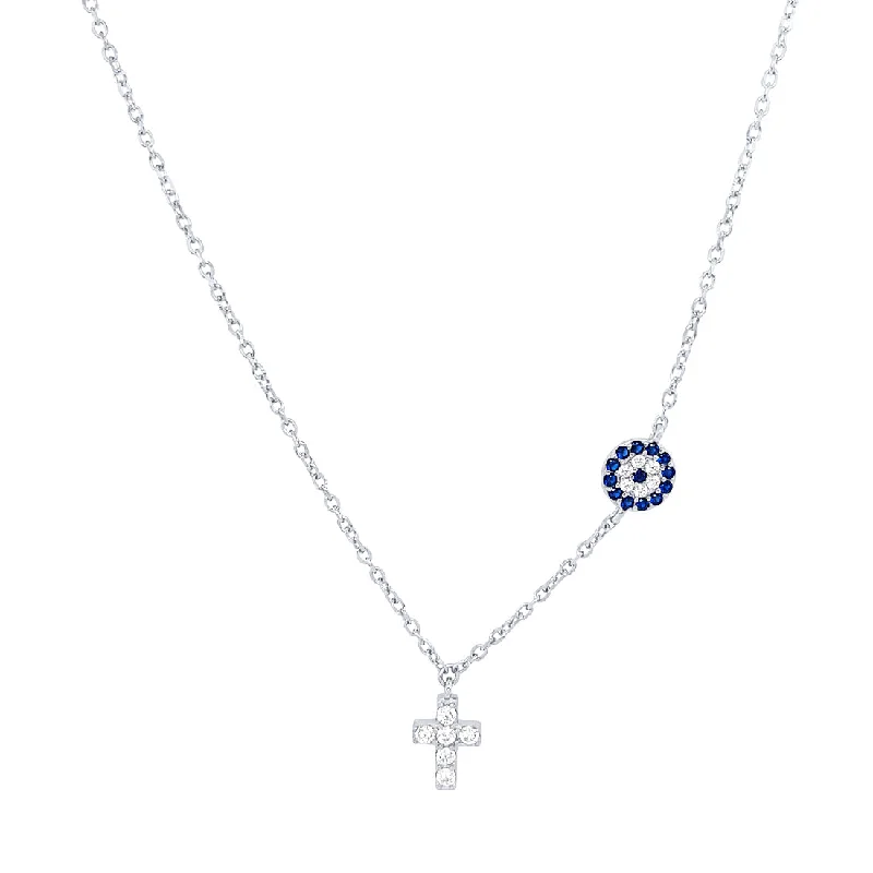 Cross & Evil Eye Cubic Zirconia Sterling Silver Necklace