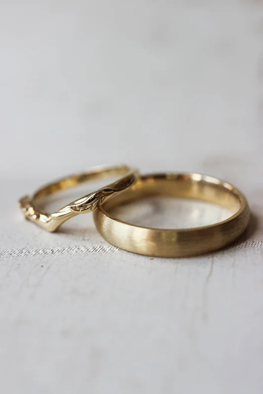 Wedding bands set for couple: satin band for him, Wisteria band for her