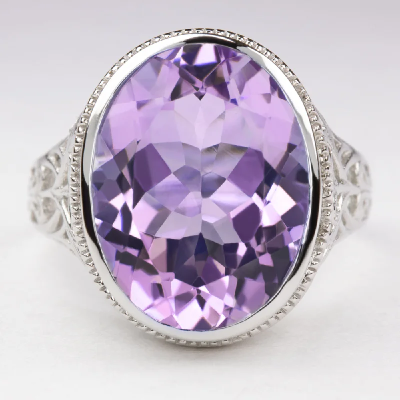 AMETHYST STERLING SILVER RING VINTAGE STYLE OVAL FILIGREE PURPLE GEM SOLITAIRE