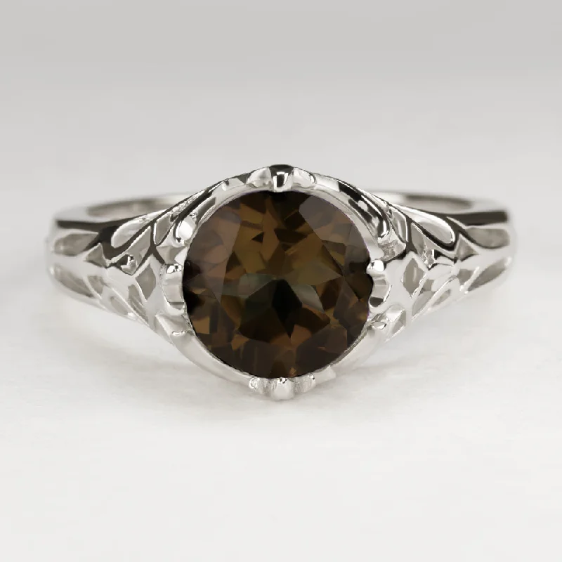 SMOKY QUARTZ STERLING SILVER RING VINTAGE STYLE SOLITAIRE ART DECO FILIGREE