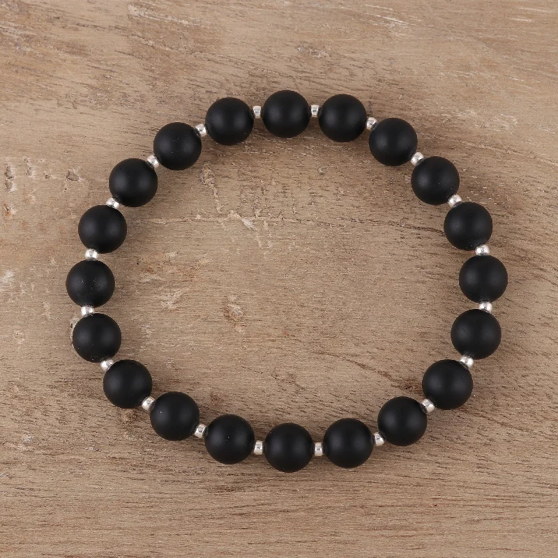 Calm Midnight Black Onyx Beaded Stretch Bracelet from India