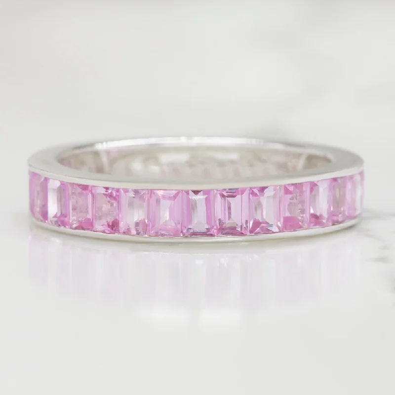 NATURAL PINK SAPPHIRE STACKING RING 14k WHITE GOLD WEDDING BAND BAGUETTE CUT