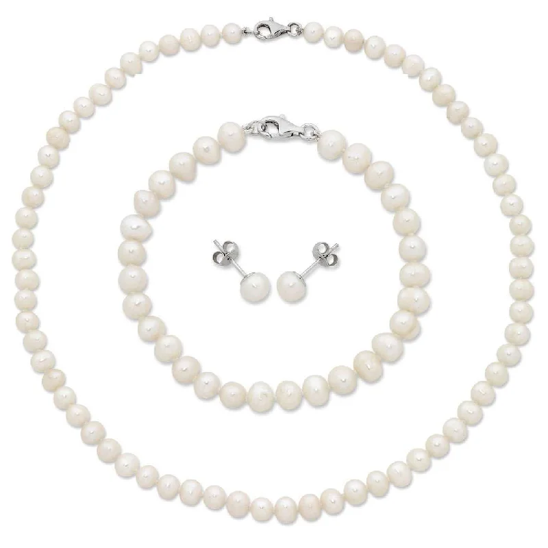 Sterling Silver White Freshwater Pearl Necklace, Bracelet and Earring Set