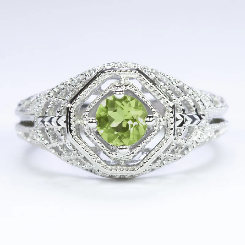 PERIDOT STERLING SILVER RING VINTAGE STYLE SOLITAIRE FILIGREE ROUND ART DECO