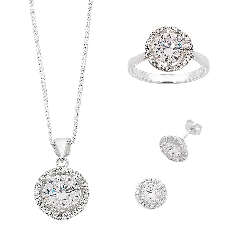 Sterling Silver Necklace, Earring & Ring Set with Halo Cubic Zirconias