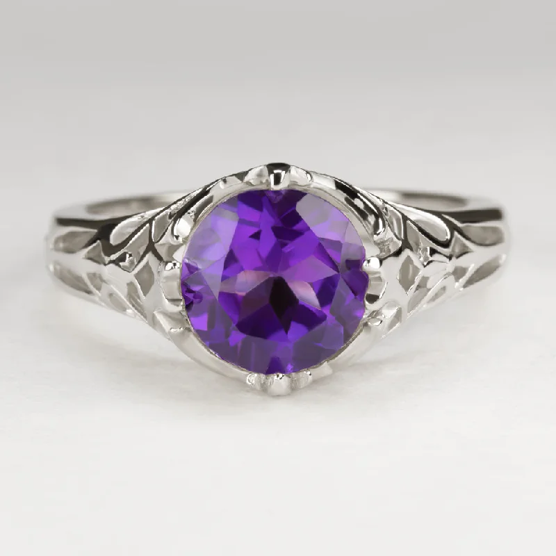 AMETHYST STERLING SILVER RING VINTAGE STYLE SOLITAIRE ART DECO FILIGREE PURPLE