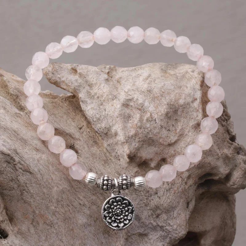 Lotus View Rose Quartz and Floral Charm Beaded Bracelet from Bali