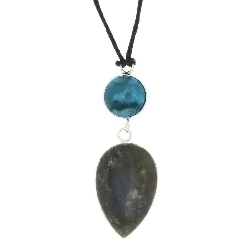 CORDED GEMSTONE LABRADORITE TEARDROP W/ BLUE HOWLITE NECKLACE