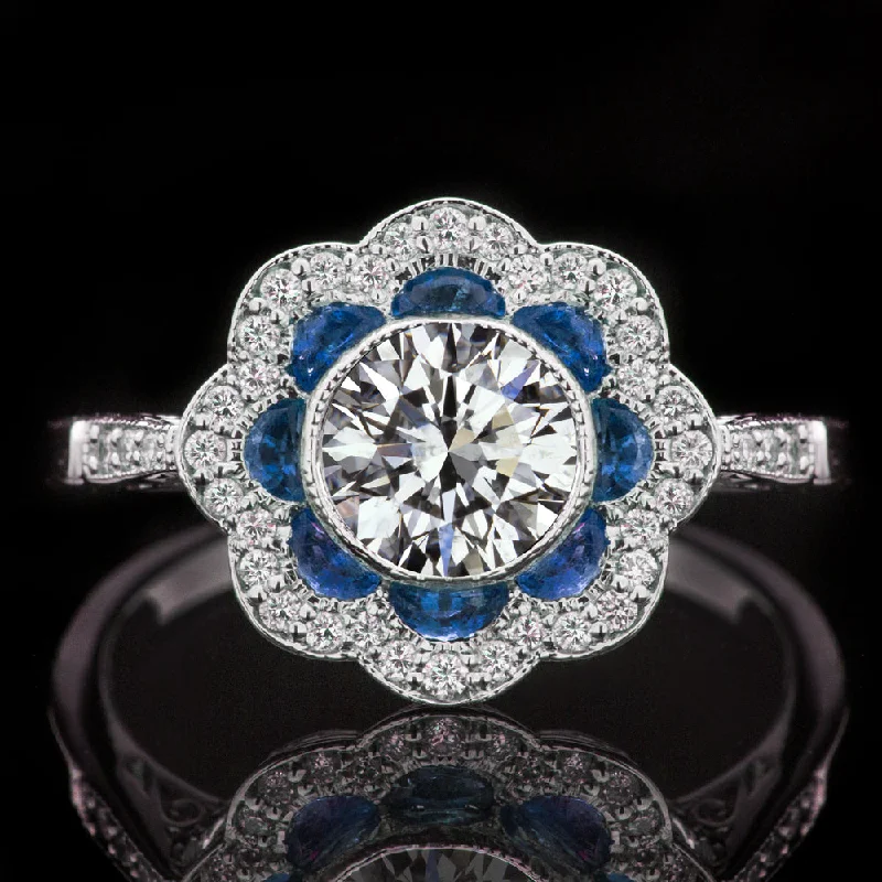 1 CARAT GIA CERTIFIED H SI2 DIAMOND SAPPHIRE COCKTAIL RING VINTAGE STYLE FLORAL