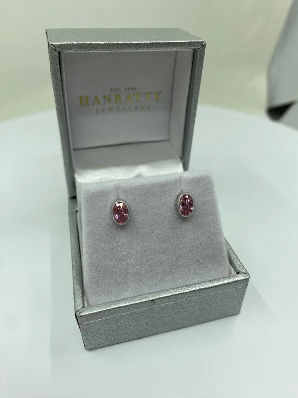 Oval Pink Stone Stud Earrings - White Gold