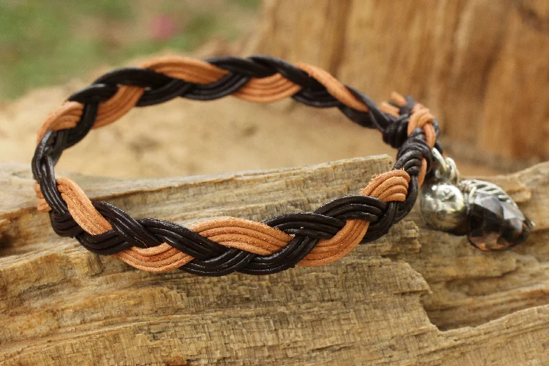 Joyous Nature Braided Leather Smoky Quartz Bracelet with Hill Tribe Silver