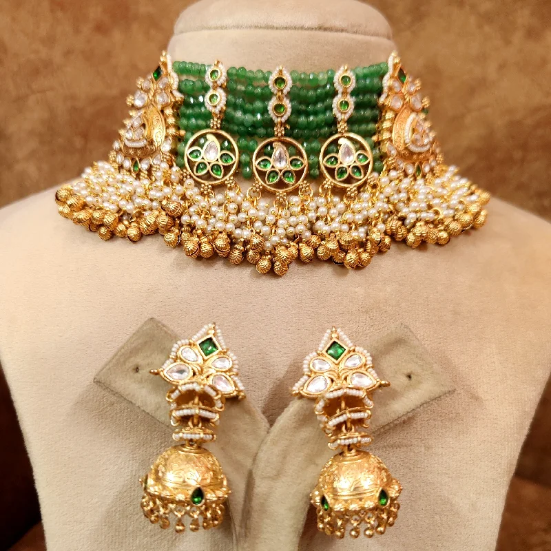 EMERALD KUNDAN POLKI SEMI PRECIOUS NECKLACE SET