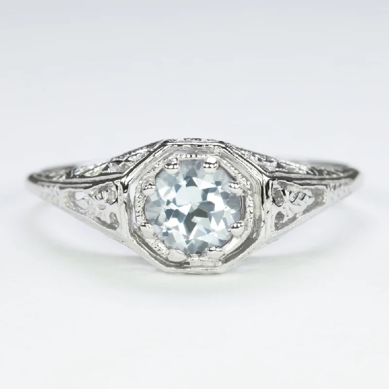 AQUAMARINE STERLING SILVER RING VINTAGE STYLE ROUND GEMSTONE FILIGREE SOLITAIRE