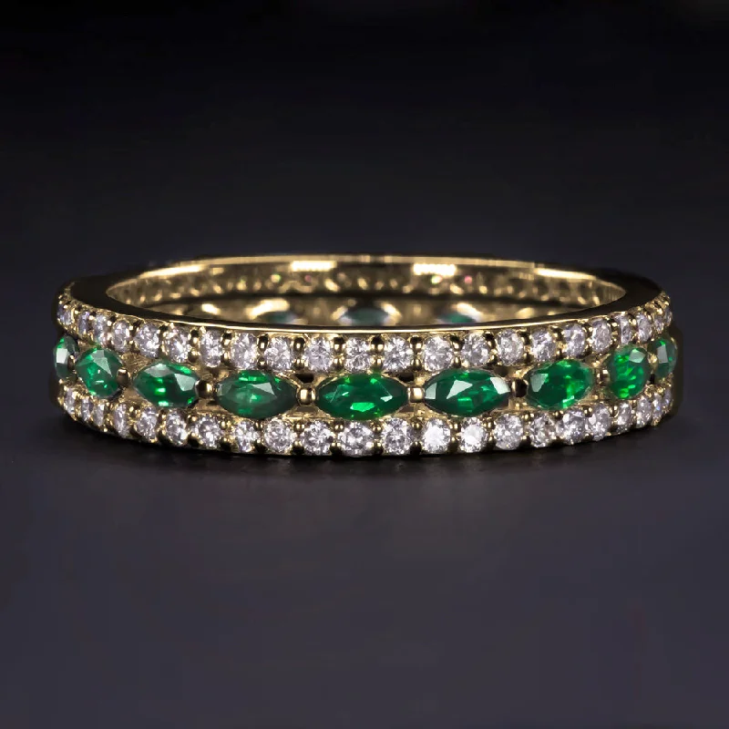 EMERALD DIAMOND WEDDING BAND ETERNITY RING 3 ROW STACKING MARQUISE NATURAL GOLD