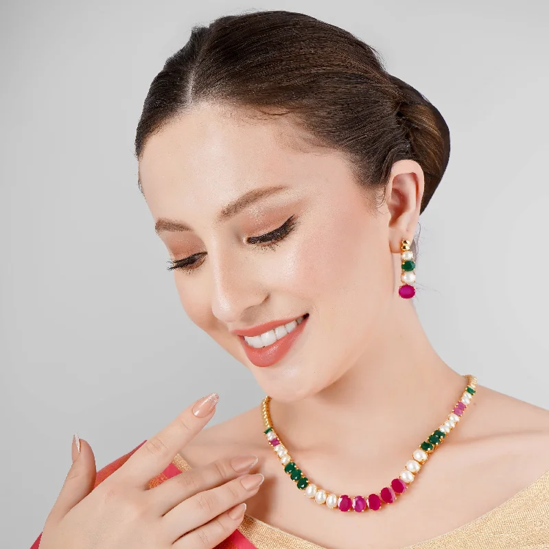 MULTICOLOUR CZ & SEMI PRECIOUS PEARL NECKLACE SET