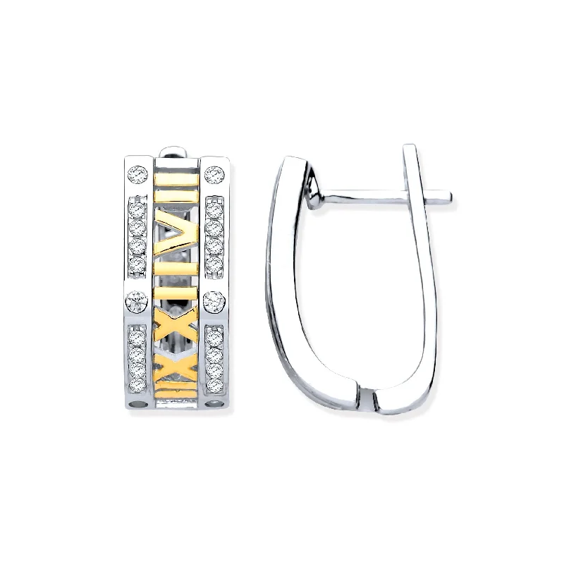 Roman Numeral Hoop CZ Earrings  - Sterling Silver