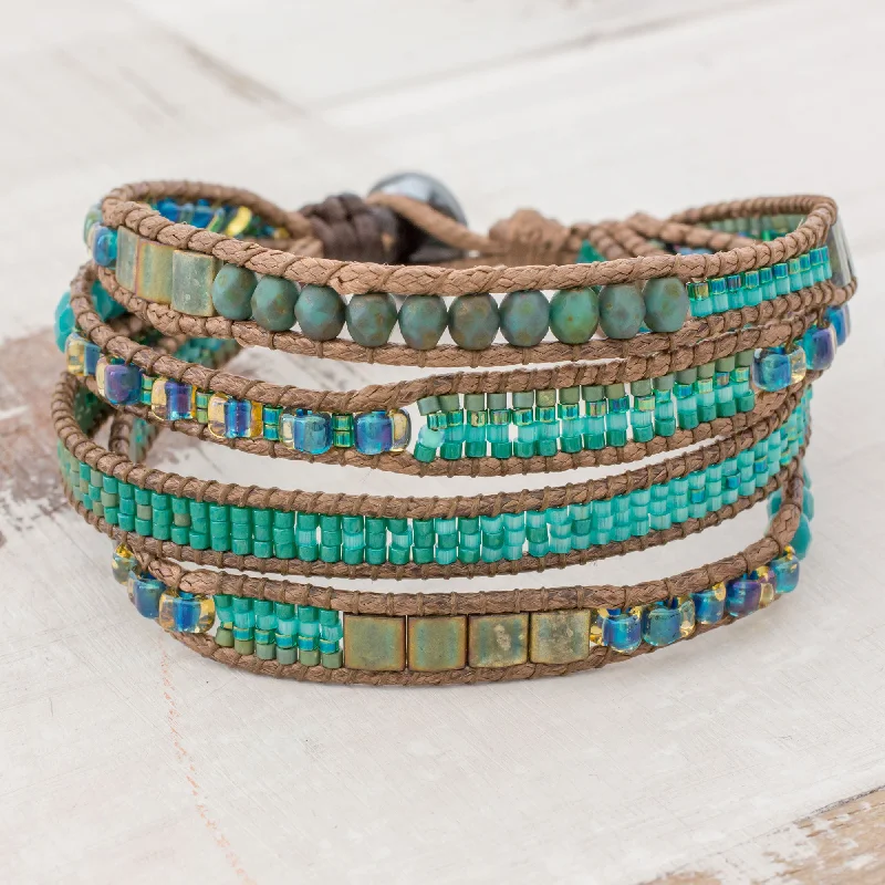 Glistening Lake Glass Beaded Wristband Bracelet in Cerulean from Guatemala