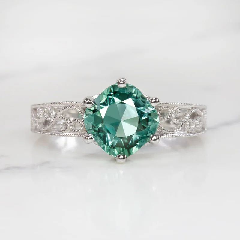 INDICOLITE TOURMALINE RING VINTAGE STYLE 14k WHITE GOLD NATURAL GREEN COCKTAIL