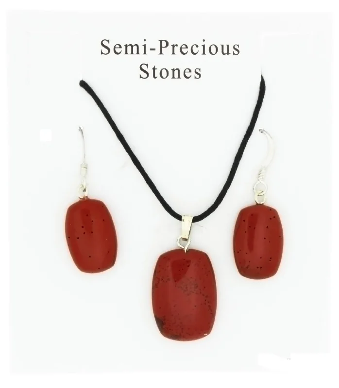 SET CORDED GEMSTONE RED JASPER RECTANGLE EARRING & NECKLACE