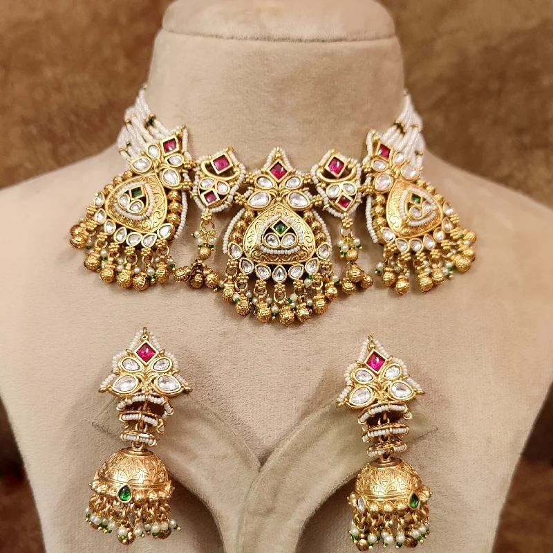 GOLD PLATED PEARL BEADED KUNDAN POLKI NECKLACE SET