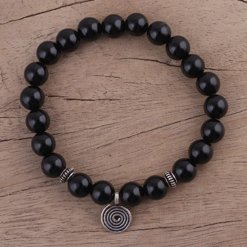 Midnight Swirl Onyx and Silver Beaded Stretch Bracelet from India