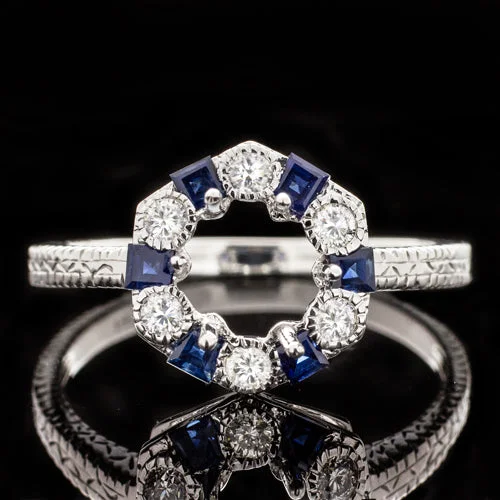 SAPPHIRE DIAMOND VINTAGE STYLE SEMI MOUNT HALO ENGAGEMENT ENGRAVED SETTING RING