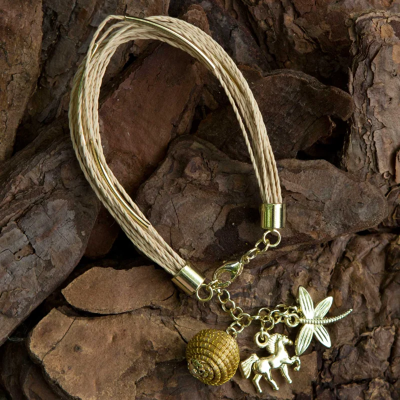 Natural World Palm and Gold Plated Horse and Dragonfly Charm Bracelet