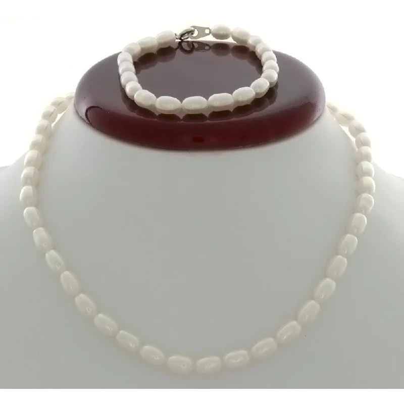 SET BEADED NATURAL FRESHWATER PEARL RICE BRACELET & NECKLACE