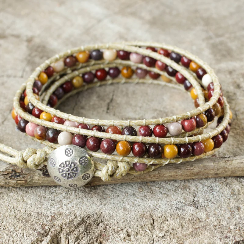 Lotus Feast Hand Made Leather and Jasper Wrap Bracelet