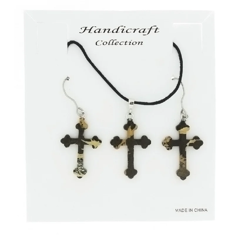 SET CORDED GEMSTONE PAINTBRUSH JASPER CROSS EARRING & NECKLACE