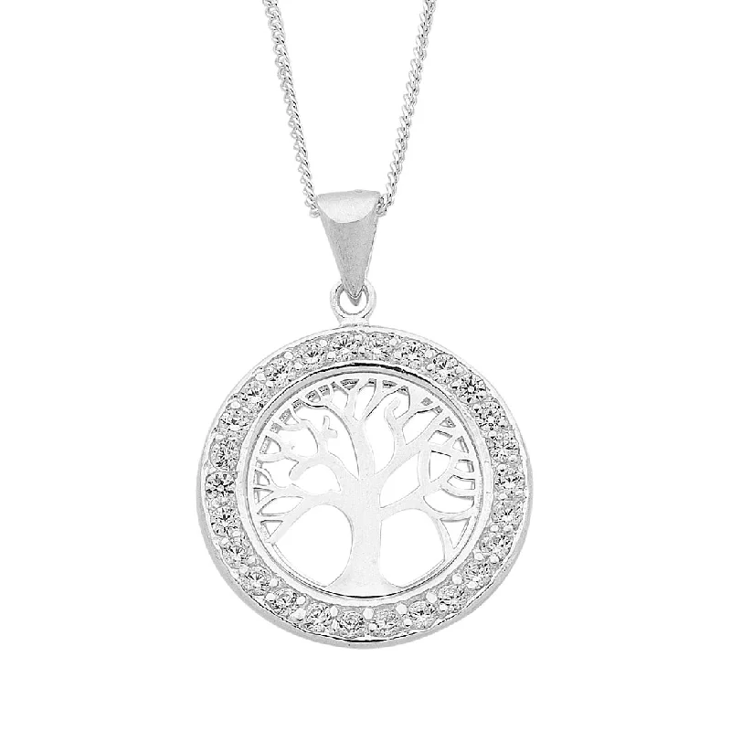 Sterling Silver Tree of Life Necklace with Cubic Zirconia Surround