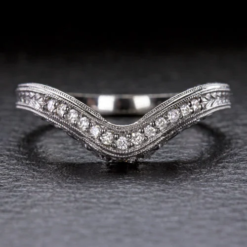 VINTAGE STYLE CONTOUR WEDDING BAND DIAMOND STACKING RING 14k WHITE GOLD CURVED