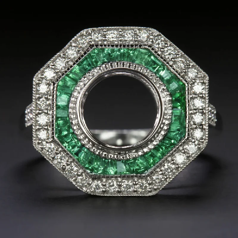 ART DECO SEMI MOUNT GREEN EMERALD DIAMOND VINTAGE STYLE ROUND SETTING RING 7.5MM