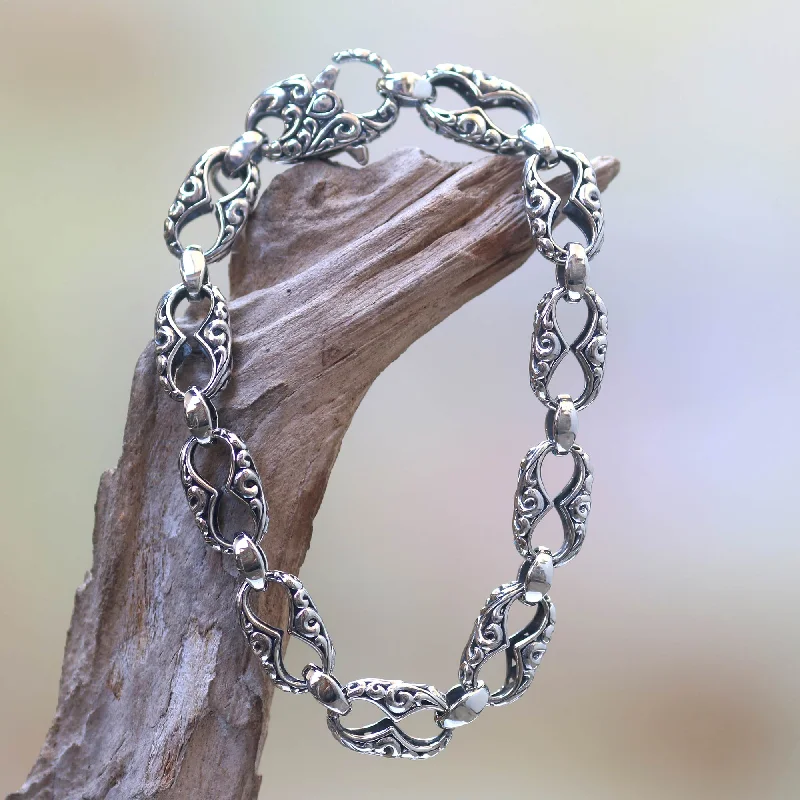 Fern Connection Hand Engraved Sterling Silver Link Bracelet from Bali