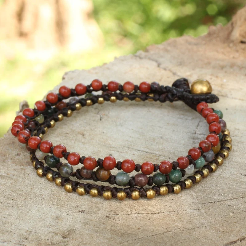 Natural Mix Beaded Macrame Bracelet with Jasper, Agate and Brass