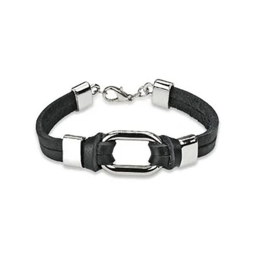 Jewelry Trends Black Genuine Leather Steel Link Center Accent Bracelet