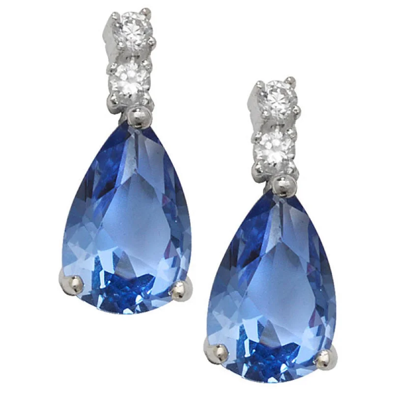 Blue CZ Tear Drop Earrings - Sterling Silver