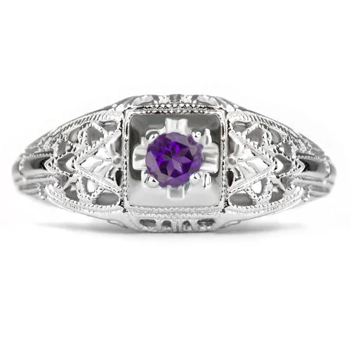 PURPLE AMETHYST STERLING SILVER VINTAGE STYLE COCKTAIL RING FILIGREE PROMISE