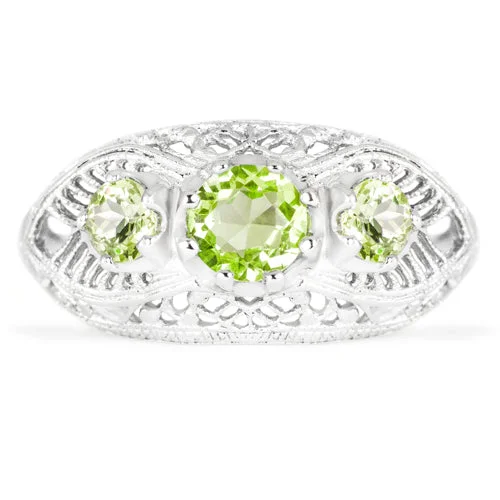 PERIDOT STERLING SILVER VINTAGE STYLE RING 3 STONE ART DECO FILIGREE GREEN GEM