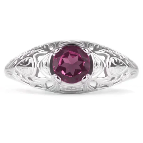 RHODOLITE GARNET STERLING SILVER VINTAGE STYLE SOLITAIRE RING FLORAL PINK PURPLE