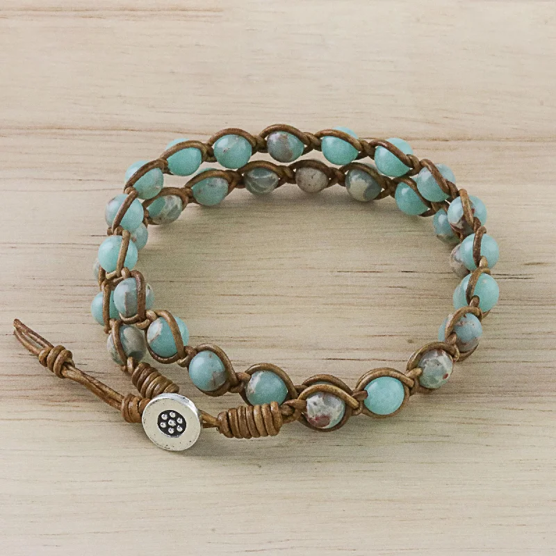 Sky Orbs Jasper Beaded Wrap Bracelet in Blue from Thailand